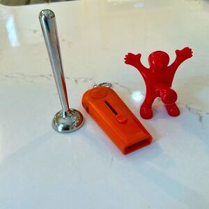 3 funny bottle openers! Toliet plunger and shooter and funny guy. All like new